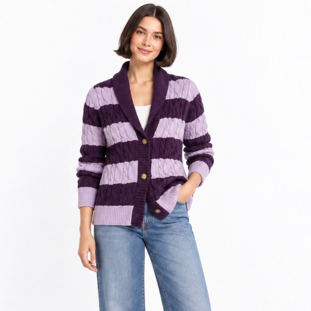 Lands' End Drifter Purple Lavender Stripe Cable Knit Shawl Cardigan S Cotton